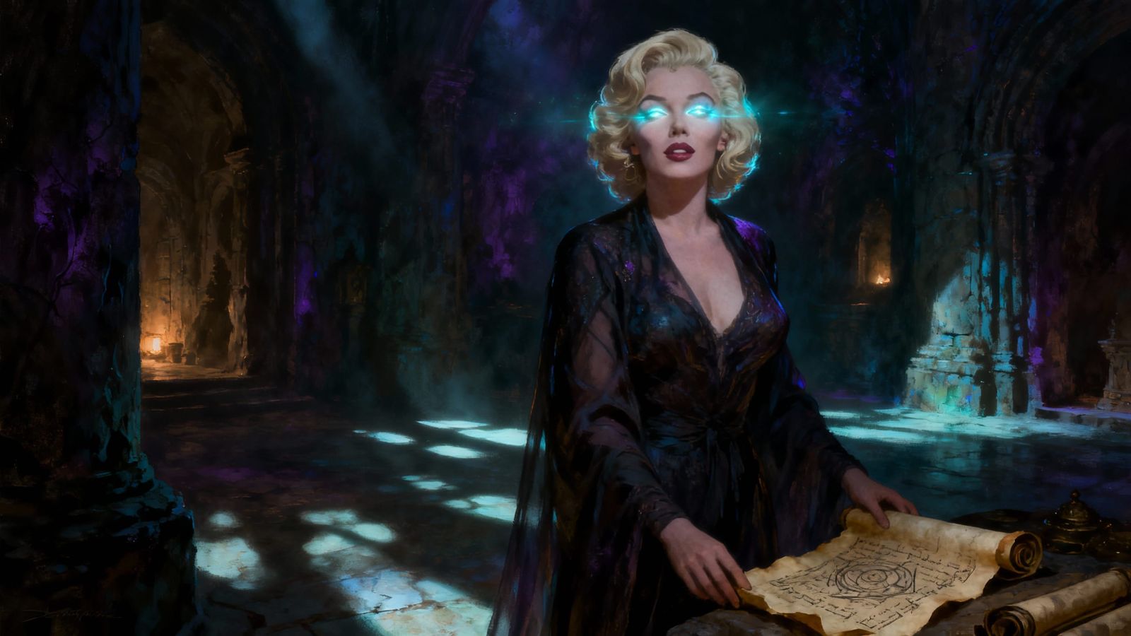 Marilyn Monroe With Glowing Eyes Guards Ancient Spell Scroll...