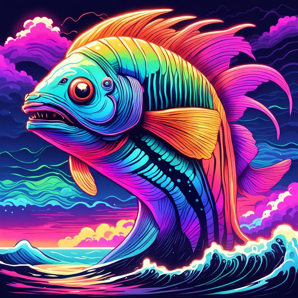 Rainbow Sea Creature in Stormy Sea: Synthwave Art
