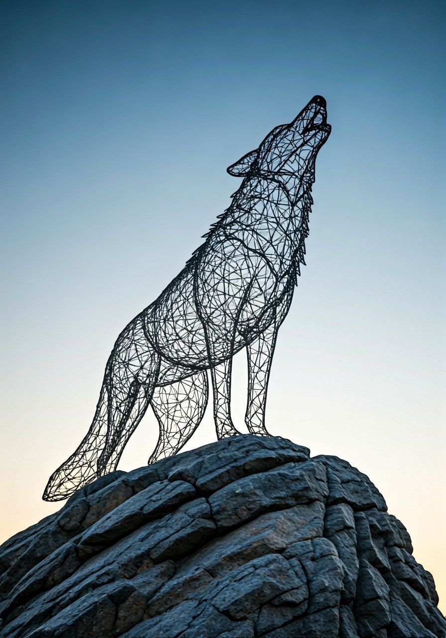Photorealistic Wire Wolf Sculpture on Stone Mountain