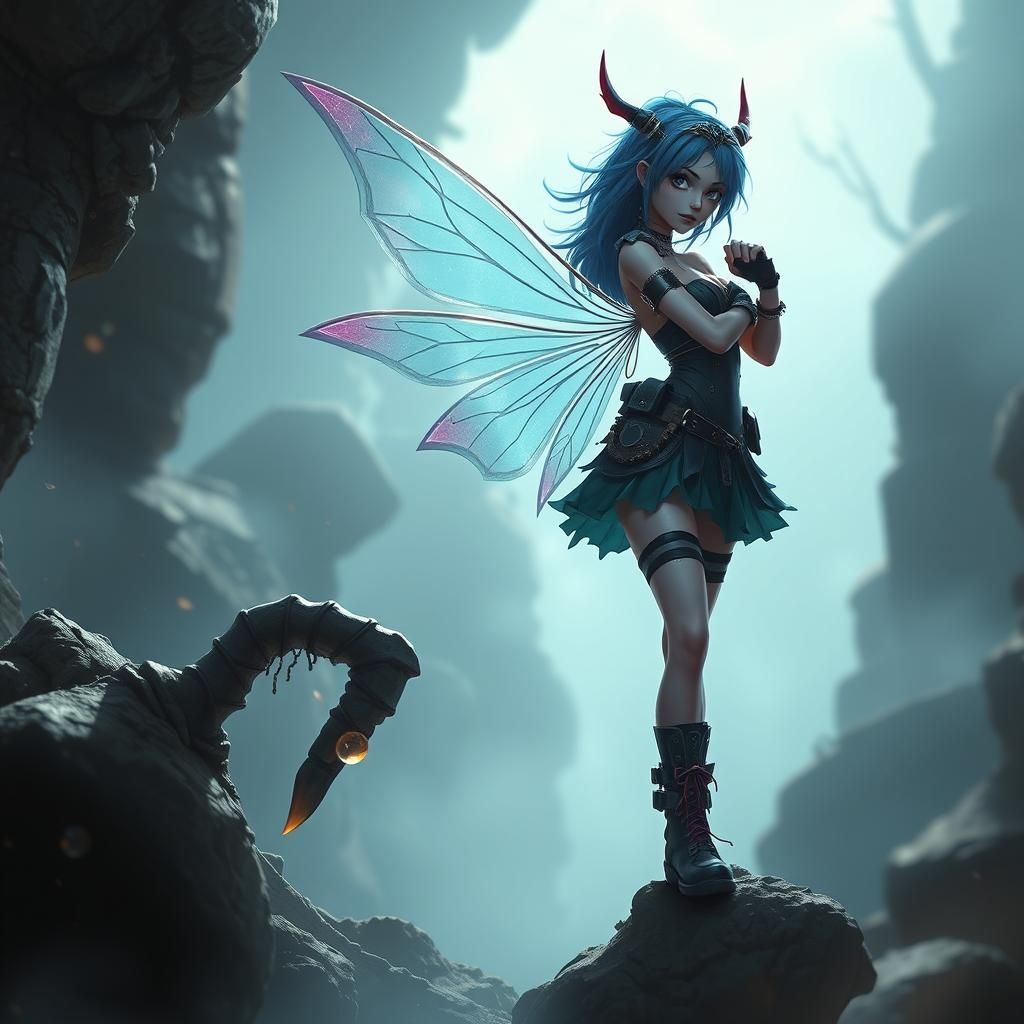 Punk Fairy with Blue Hair in Borderland Fantasycore Style