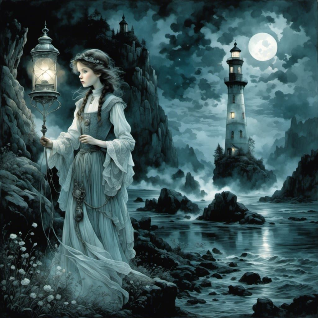 Eerie Lighthouse Keeper and Ghost Ship in Moonlight