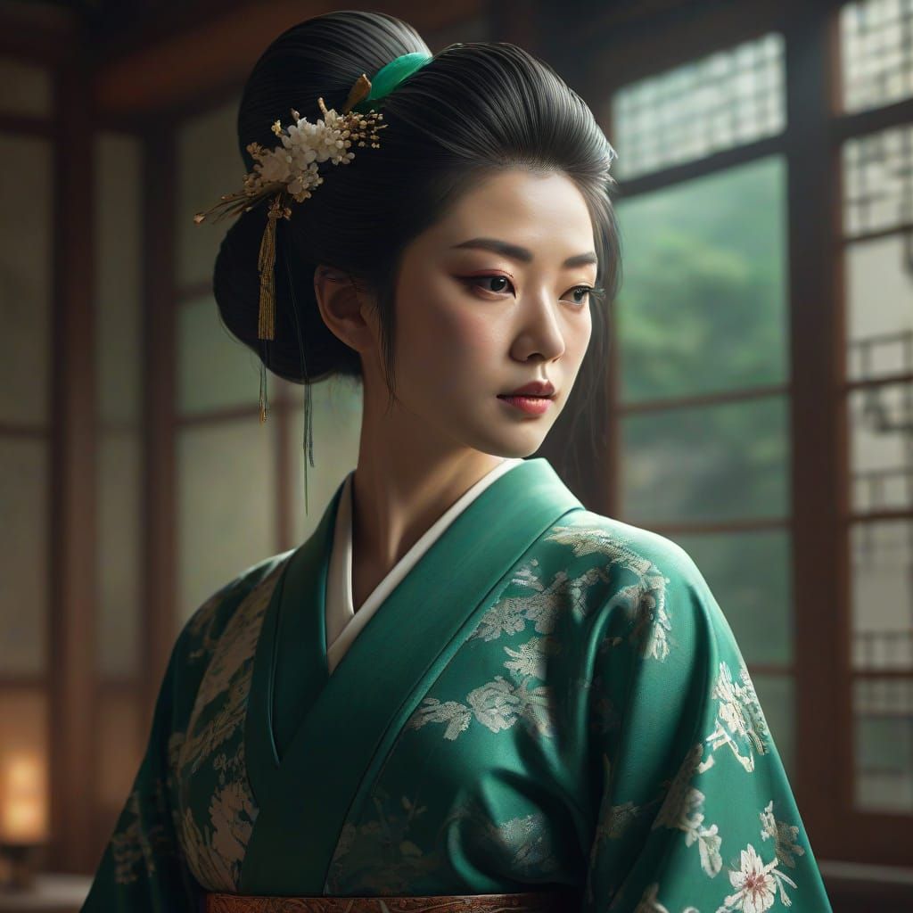 Ethereal Geisha in Emerald Kimono: Digital Matte Painting