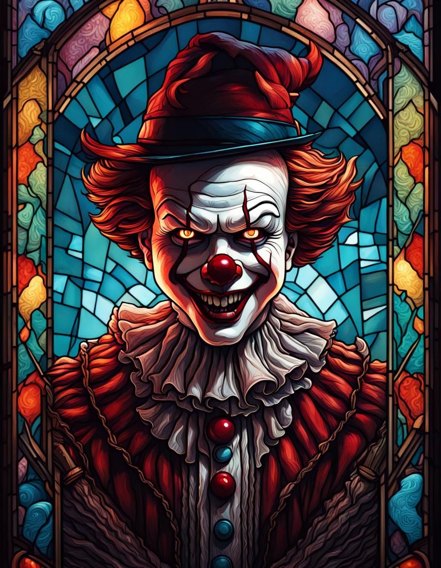 Stained Glass Pennywise Portrait in Tarot Card Style