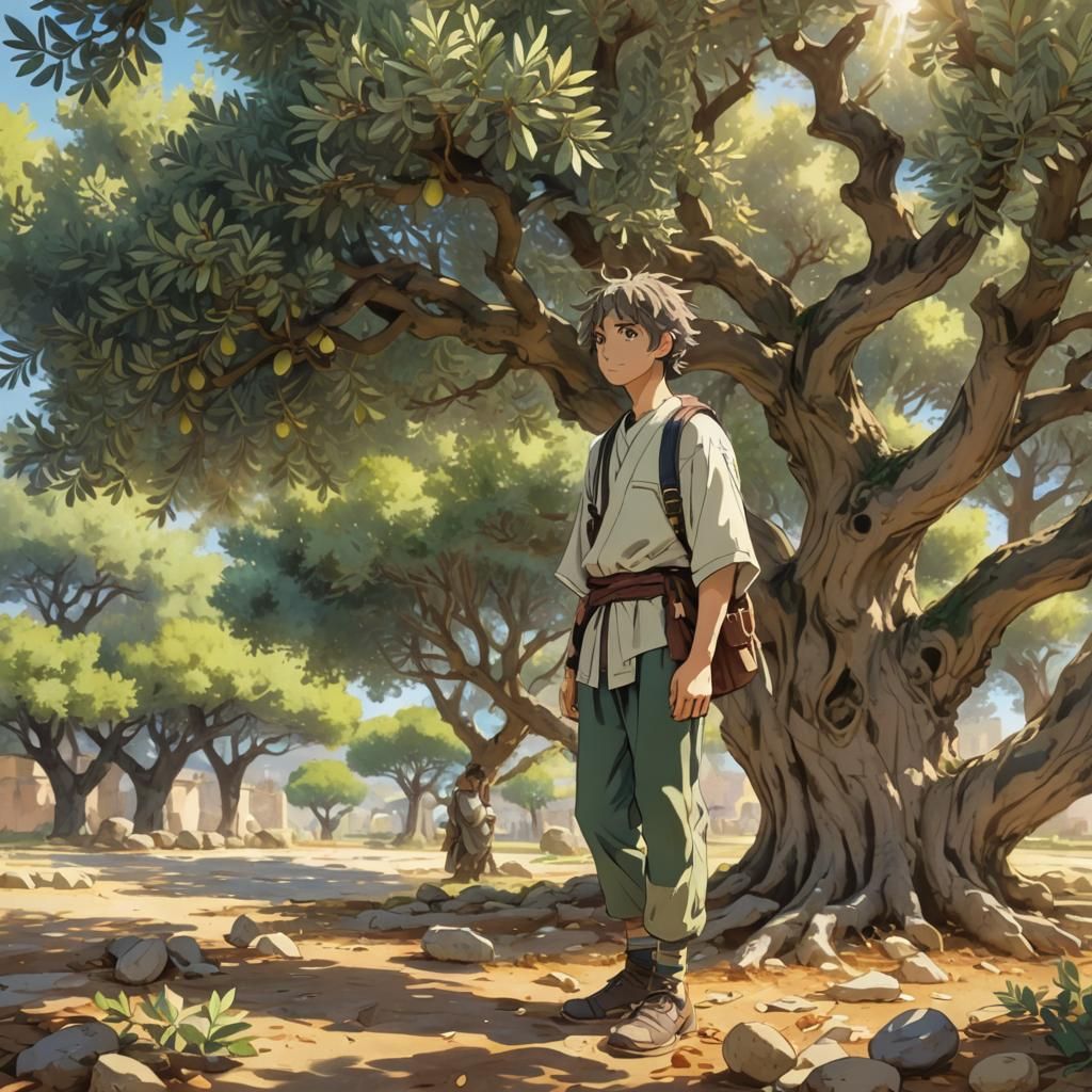 Roman Olive Tree Anime Art with Golden Light