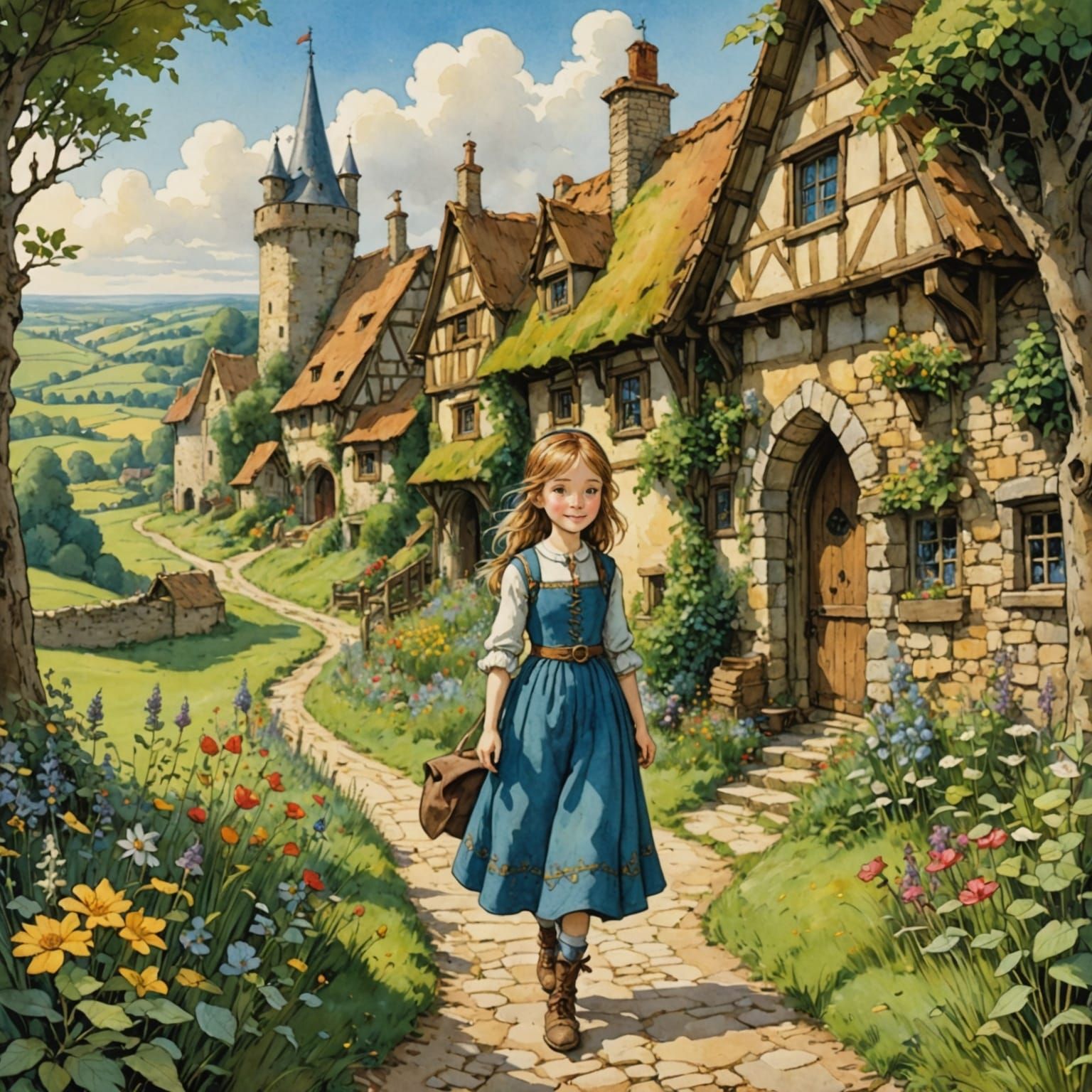 Anime Girl in Medieval Village Illustration