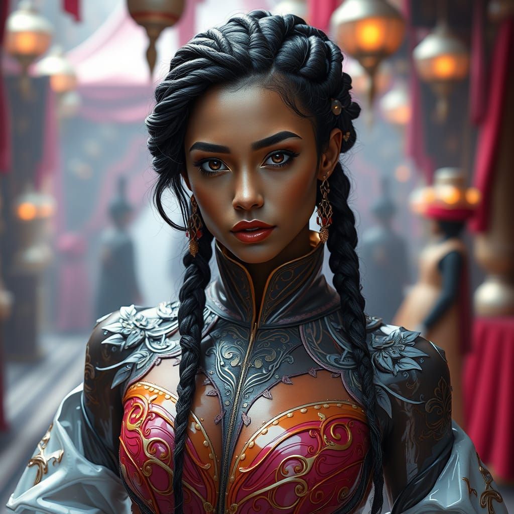 Elegant Woman in Latex Dress: Hyperrealistic Digital Art