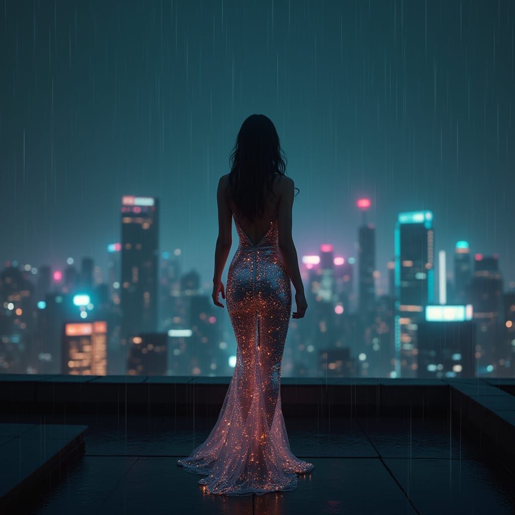Singer in Holographic Dress on Neon City Rooftop