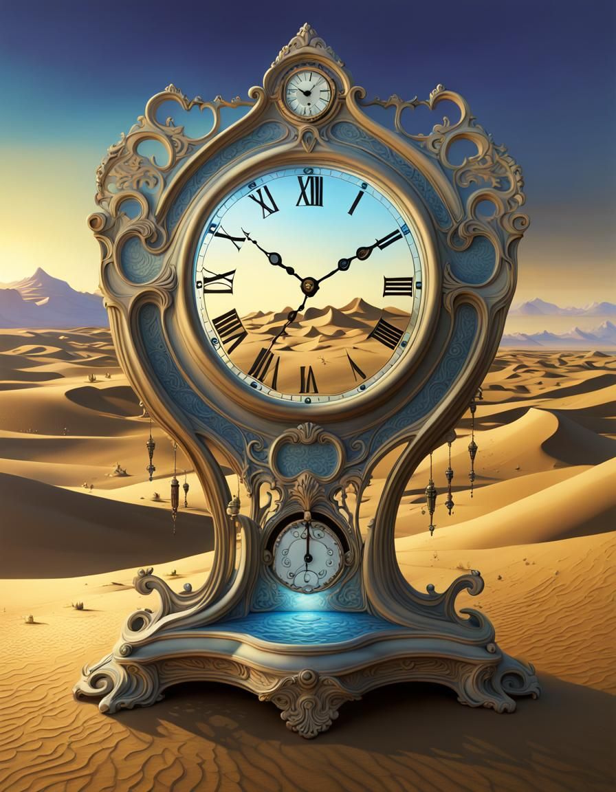 Surreal Desert Clock in Art Nouveau Rococo Style