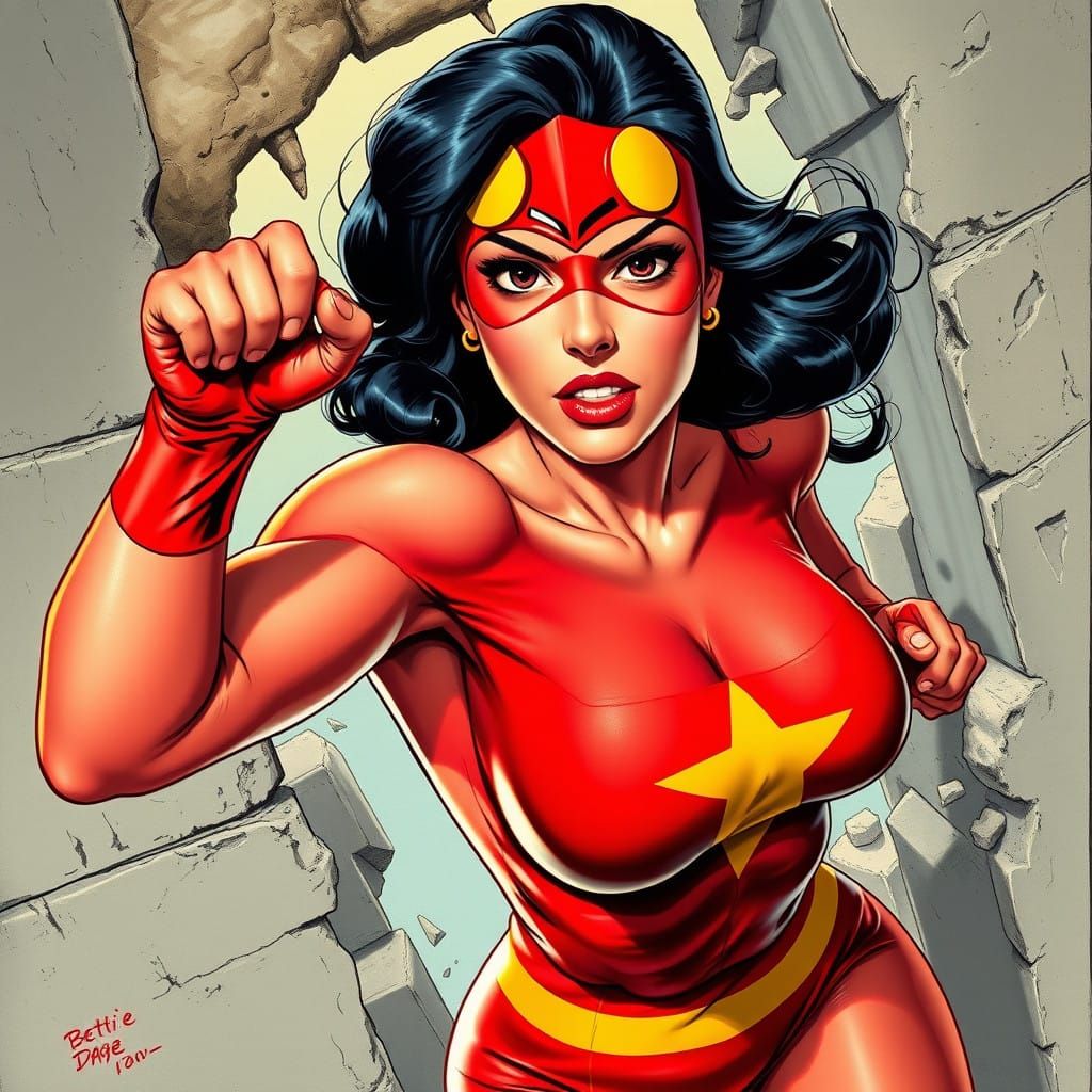 Marvel Comic Style Bettie Page Breaks Through in Red and Yel...