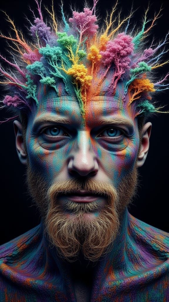 Fractal Faced Man with Bioluminescent Tree Canopies