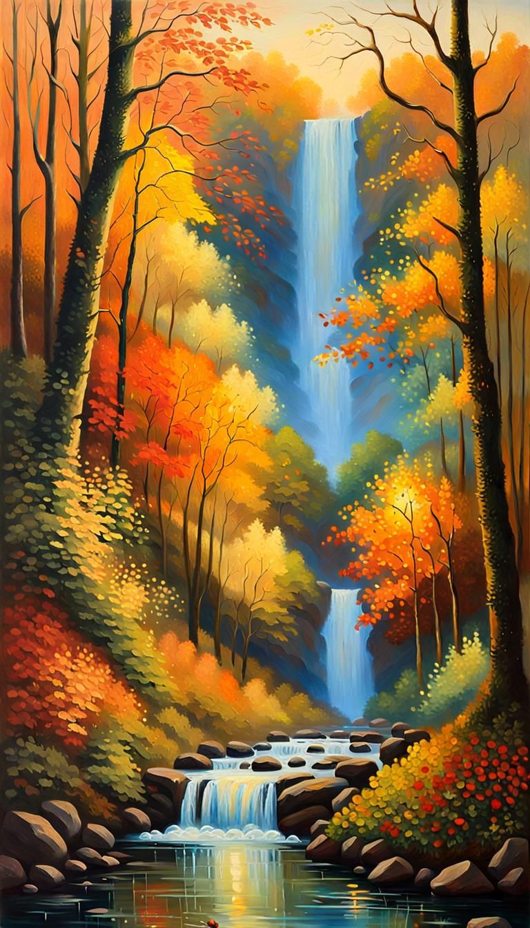 Giant Waterfall at Dusk: Vibrant Oil Painting