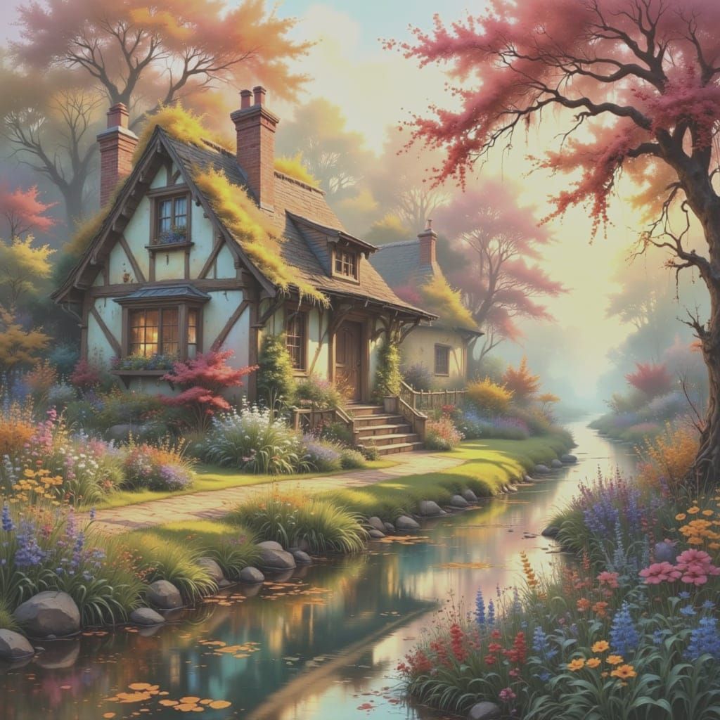 Whimsical Waterfront Cottage Scene in Traditional Style