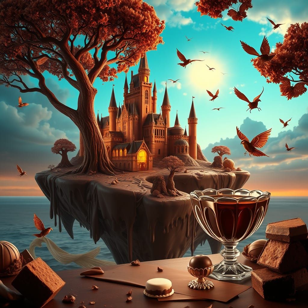 Floating Chocolate Island Dreamscape in Hyper-Detailed Style