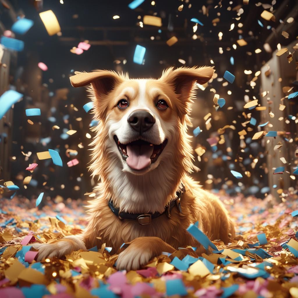 Happy Dog in Confetti: 3D Game Cinematic