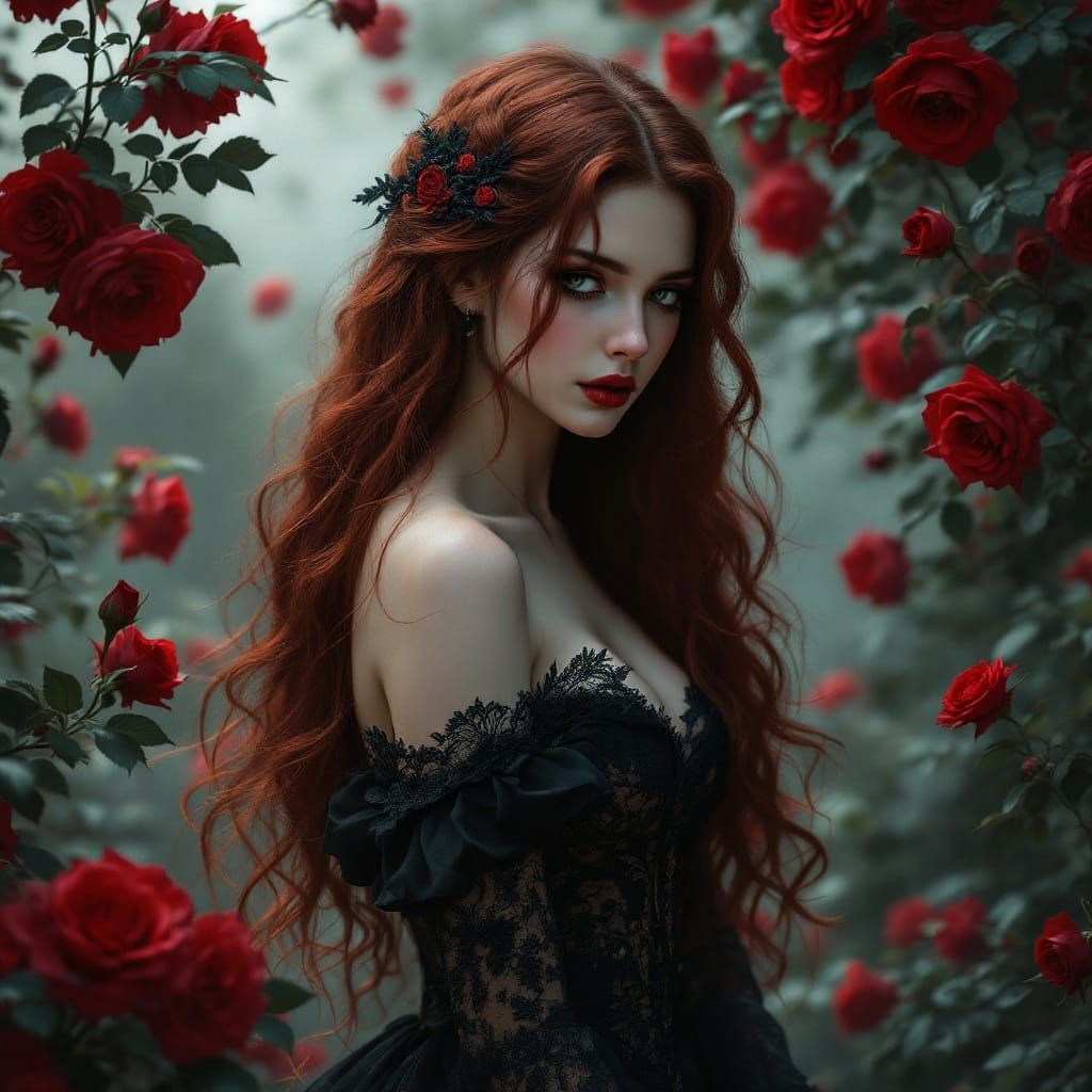 Ethereal Fantasy Woman Amidst Blooming Roses