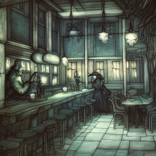 Eerie Night Cafe in Arthur Rackham Style