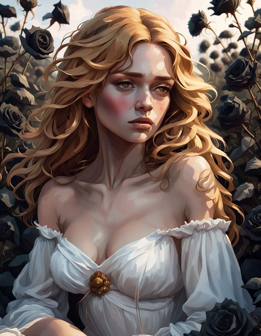 Sad Woman in Black Rose Field: Hyperdetailed Portrait