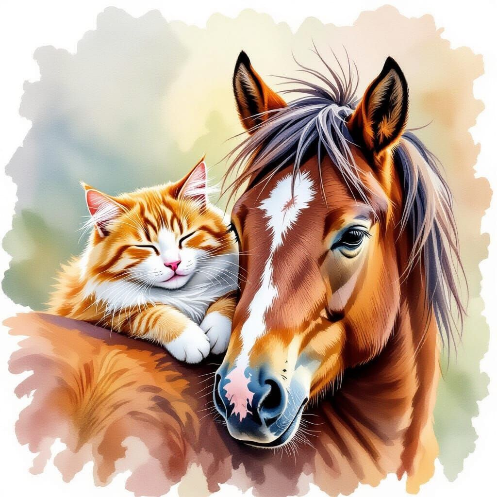 Realistic Watercolor Cat Sleeping on Pony Back