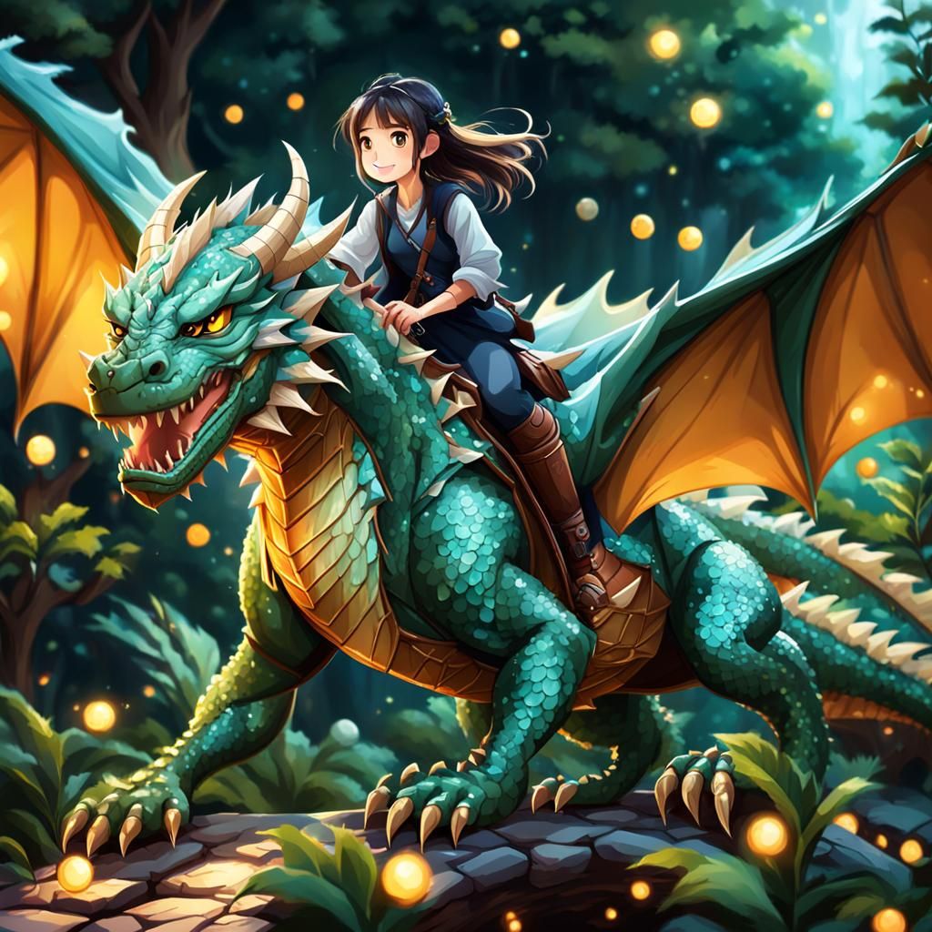 Anime Girl Rides a Cute Pet Dragon Illustration