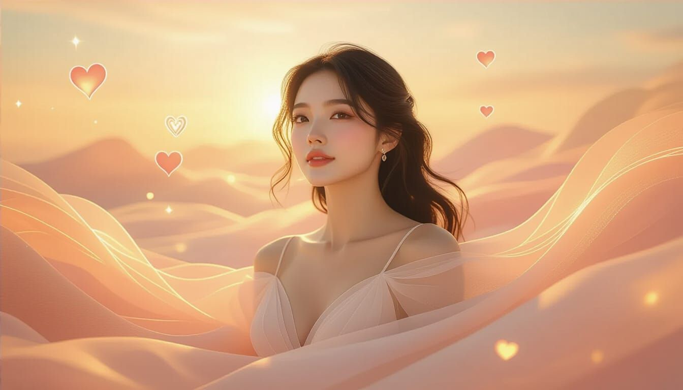 Ethereal Feminine Figure in Luminous Space with Hearts