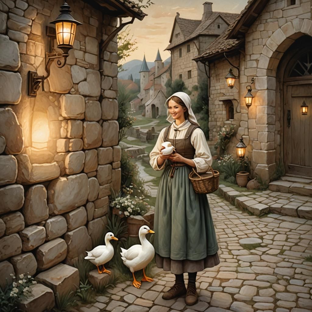 Peasant Woman with Duck: Medieval Folk Art Mural
