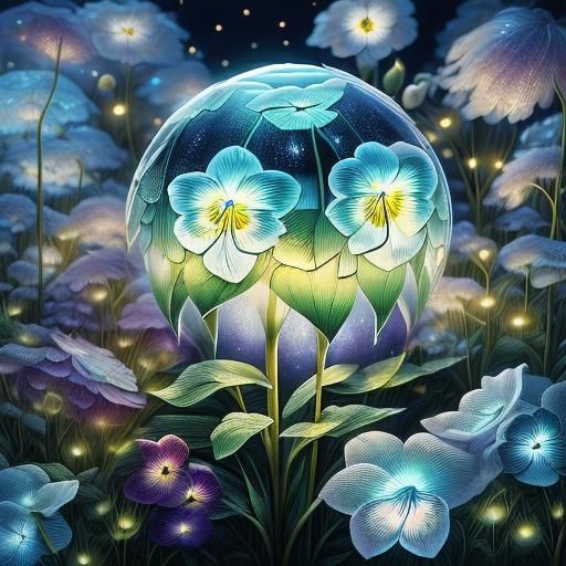 Bioluminescent Iridescent Glass Pansies with Gold Etchings