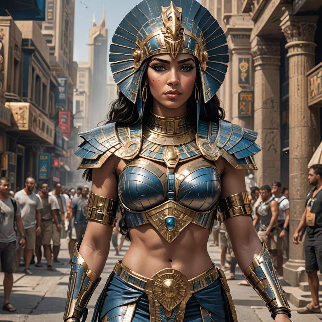 A striking hyper-realistic depiction of Cleopatra transformed into a sci-fi superhero, clad in epic, intricately designe...