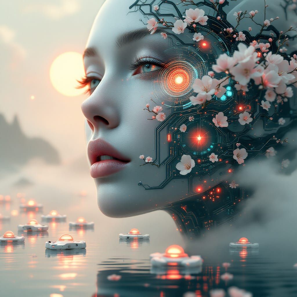 Futuristic Cyborg Goddess Merged With Landscape
