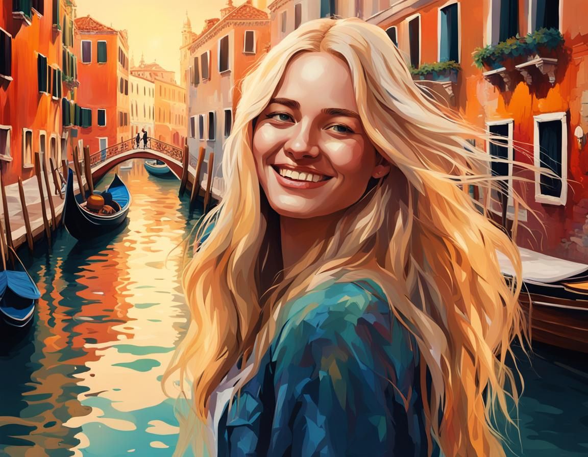 Blonde Woman Smiling in Venice: Hyperrealistic Portrait