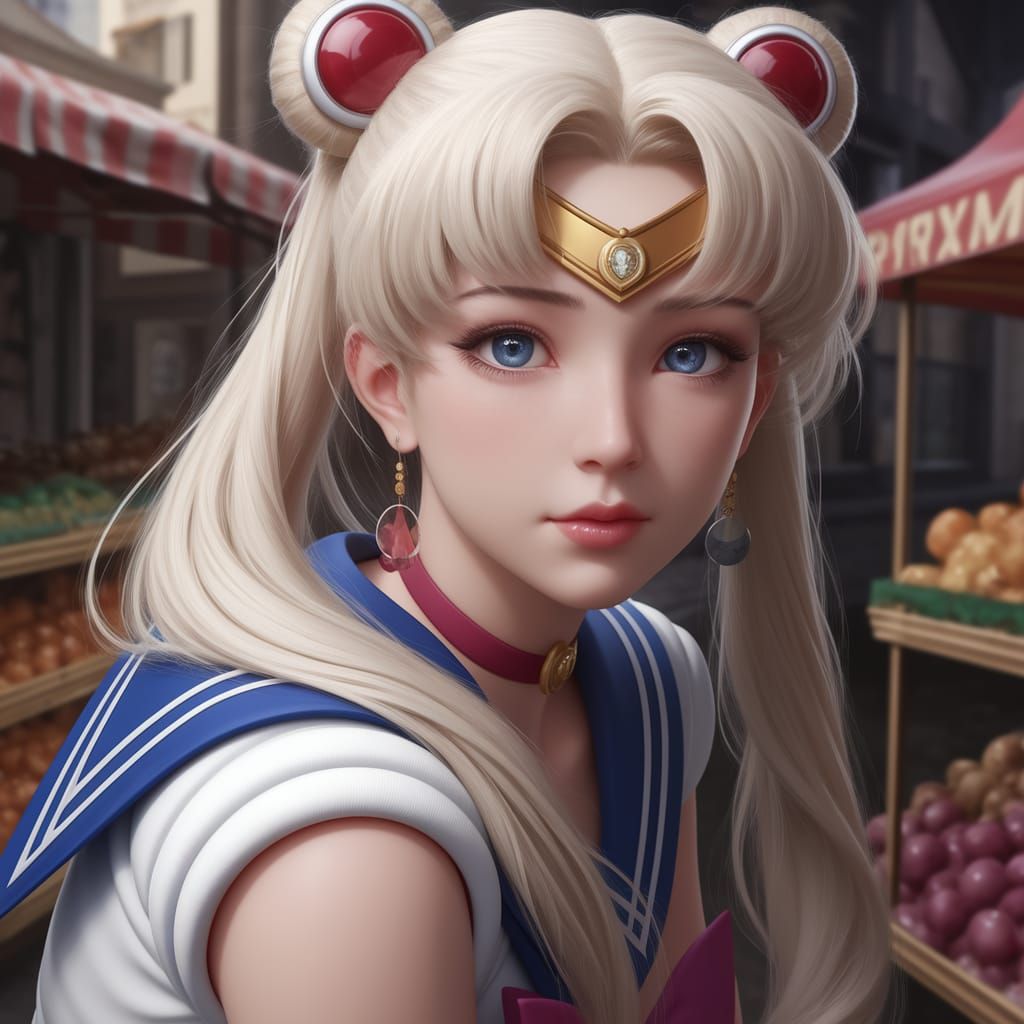 Sailor Moon in Vibrant Market Scene