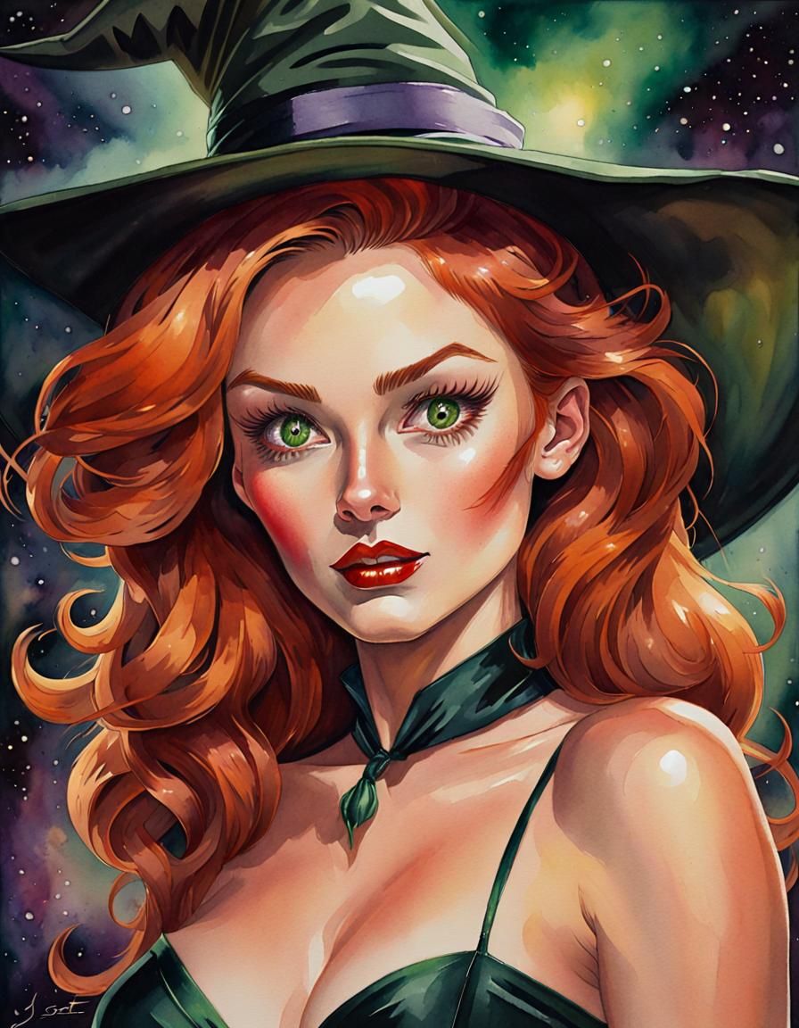 Watercolor Witch with Galaxy Background in Gouache Style