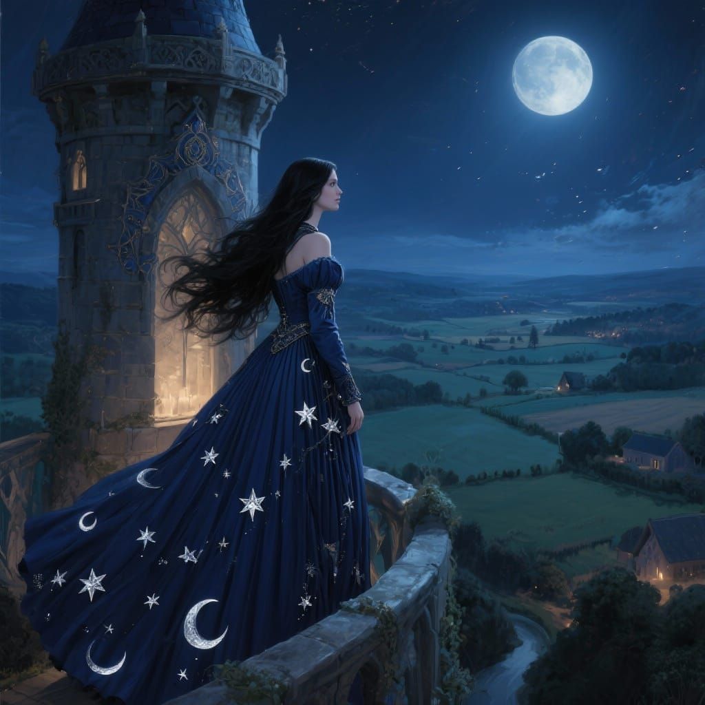 Wizard Woman in Starry Dress High in Tower at Night