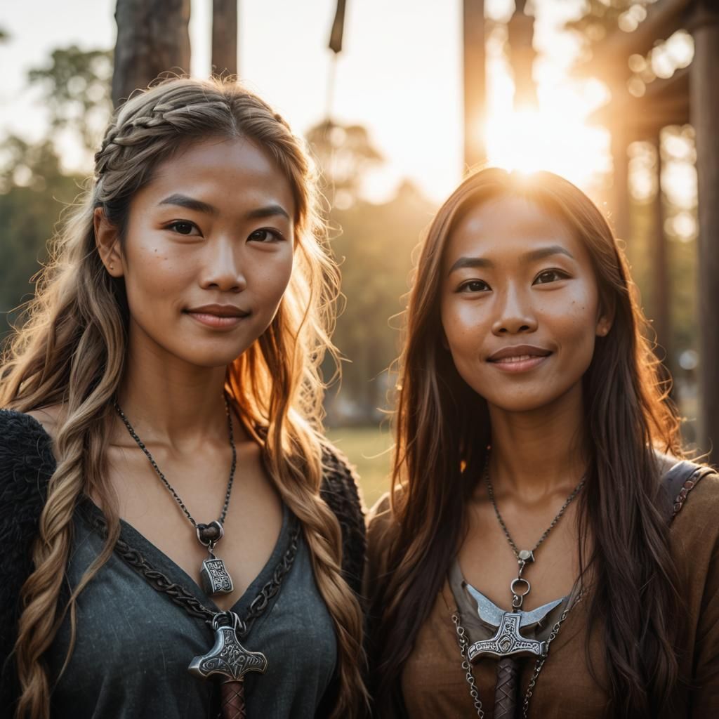 Two Women Share a Moment of Joy in a Majestic Outdoor Scene