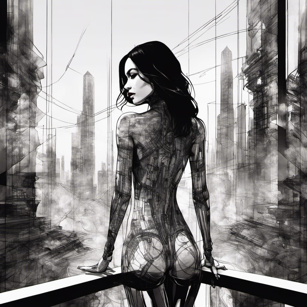 Invisible Woman in Futuristic City: Black Ink Outline