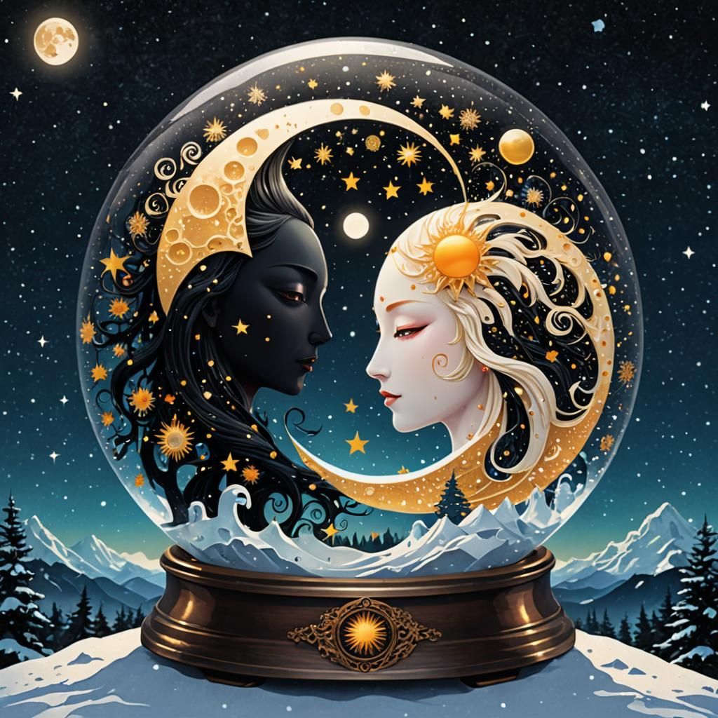 Yin Yang Sun Moon Snow Globe in Surreal Style