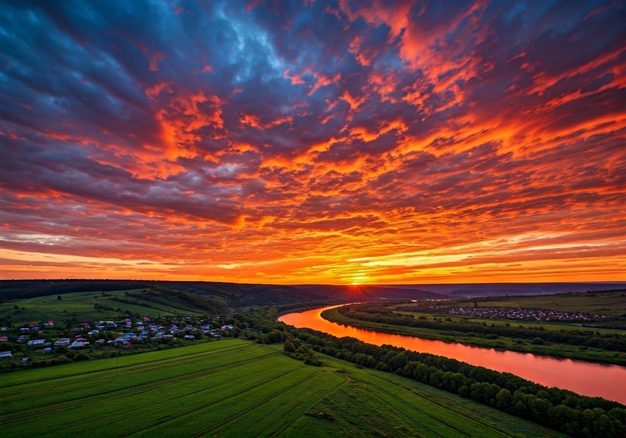 Dramatic Sunset Landscape with Tranquil River Reflections