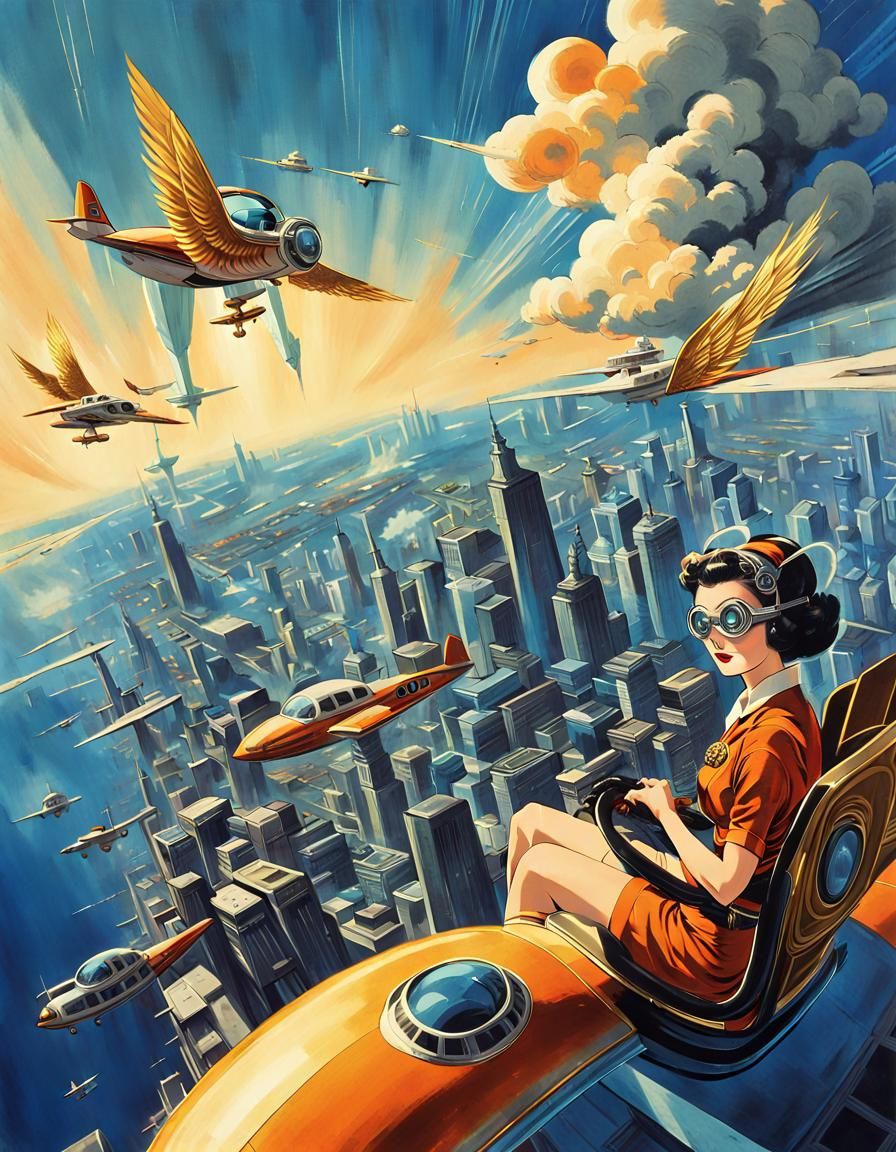 Retro Futuristic Lady Flies Over Metropolis