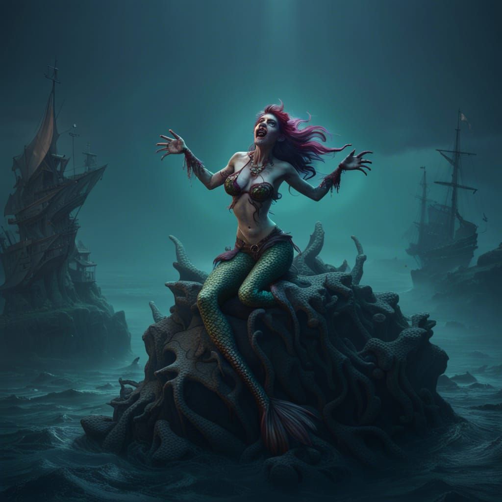 Zombie Mermaid's Foggy Serenade: Detailed Matte Painting