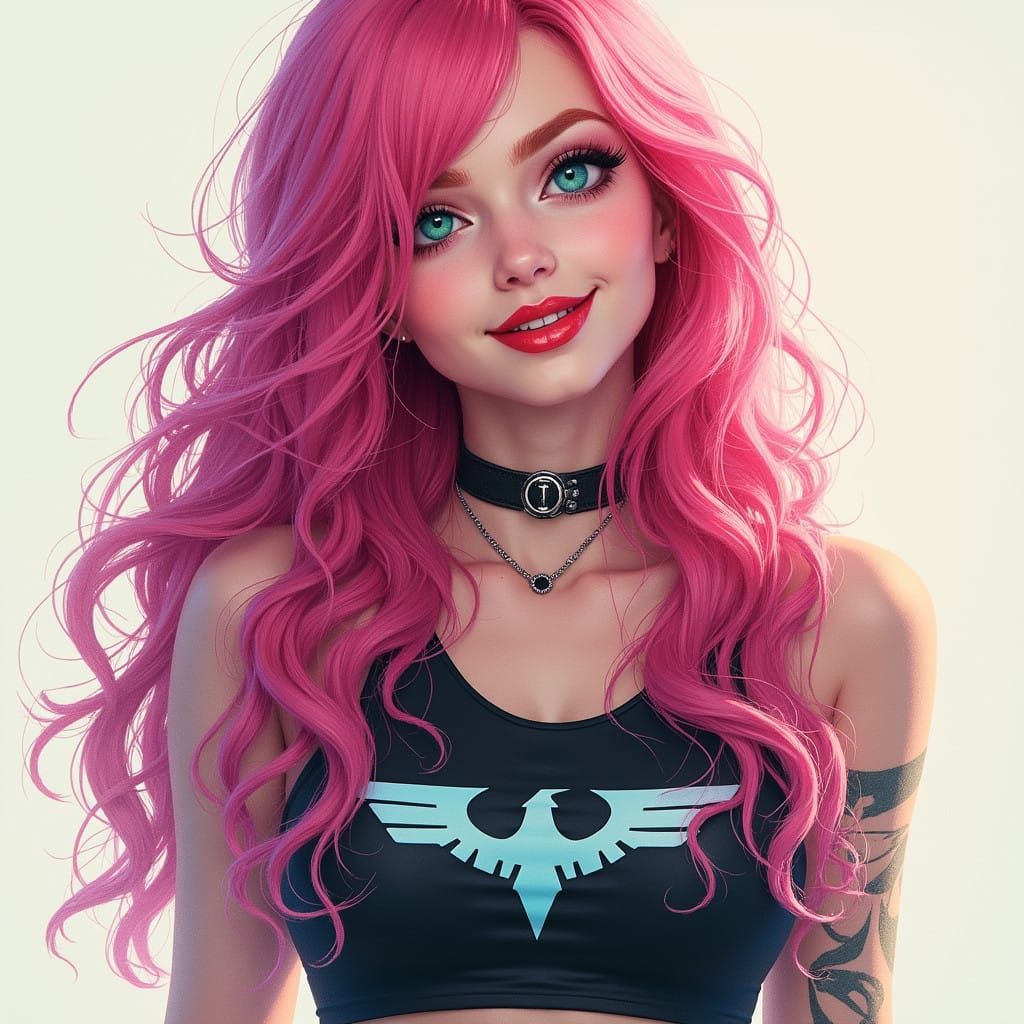 Vibrant Watercolor Rock Girl with Pink Hair and Rammstein Lo...