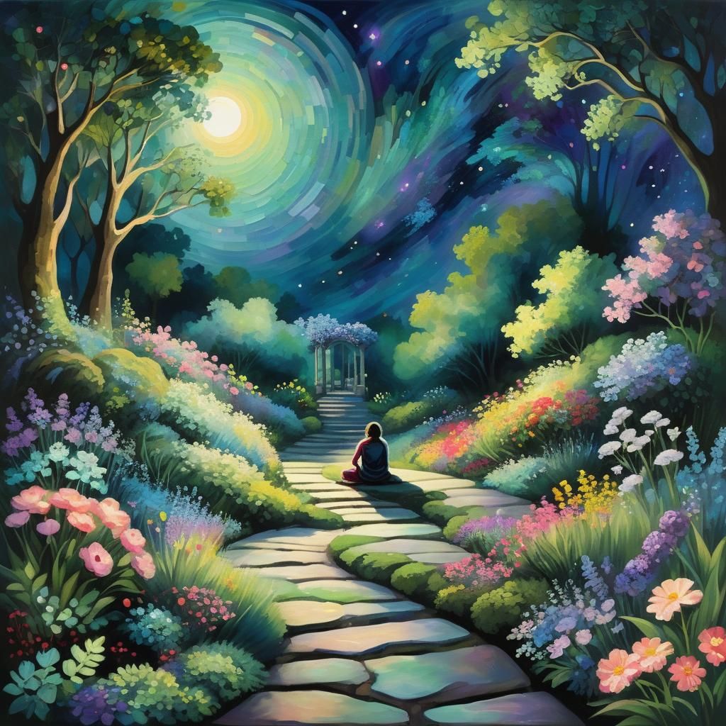 Moonlit Garden Scene in Impressionist Style
