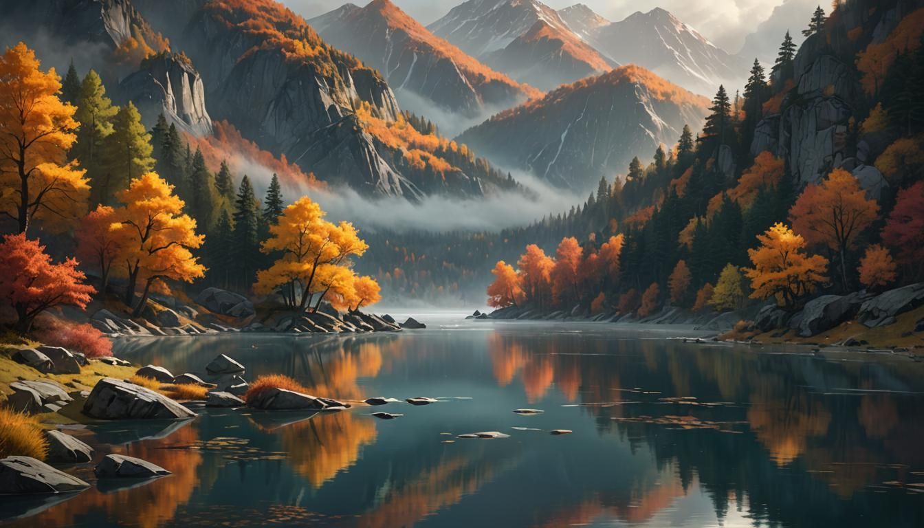 Autumn Lake: Ethereal Digital Art in 8K