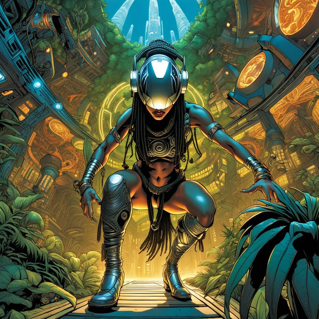 Cyberpunk Tribal Dancer in Sci-Fi Jungle