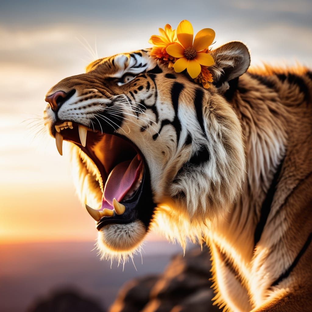 Majestic Saber-Toothed Tiger Roaring at Sunset
