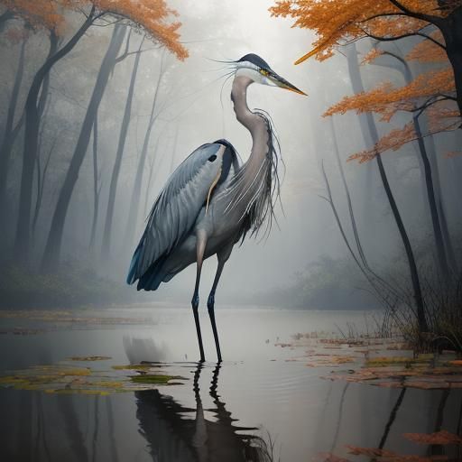 Great Blue Heron in Misty Autumn Pond