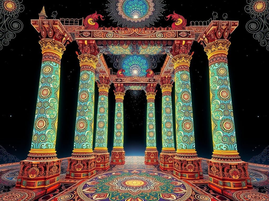 Glitzy Fractal Temple Columns as Whimsical Zentangle Art