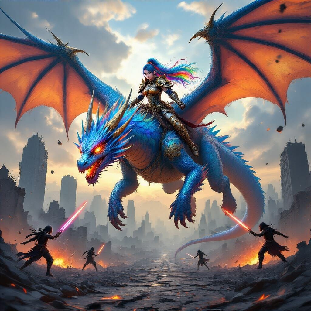 Anime Warrior Battles Ninjas on Dragon Over Ruined City