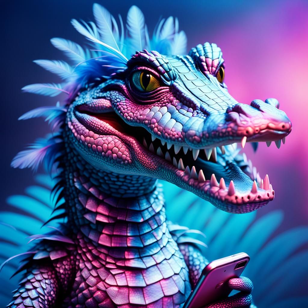 Digital Masterpiece of Crocodile Scrolling Through Phone