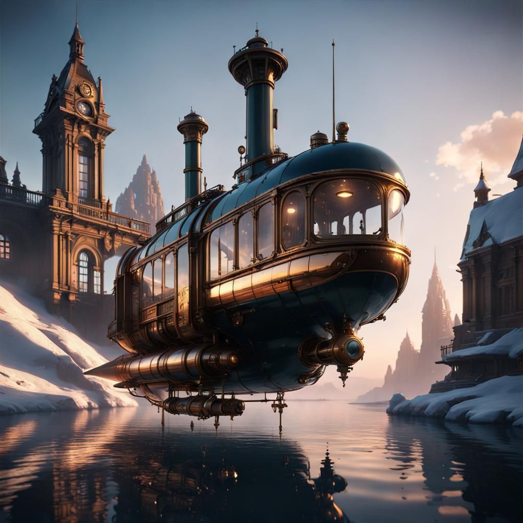 Steampunk Submarine Among Glass Towers at Sunset