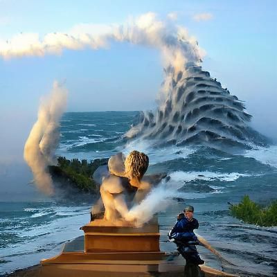 Waves Crash on Weathered Seaside Statue