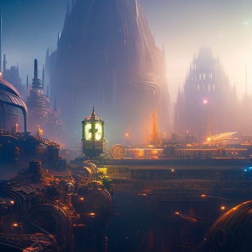 Time Traveler Enters Clock Gate in Steampunk City